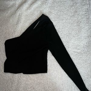 one sleeve open back black top